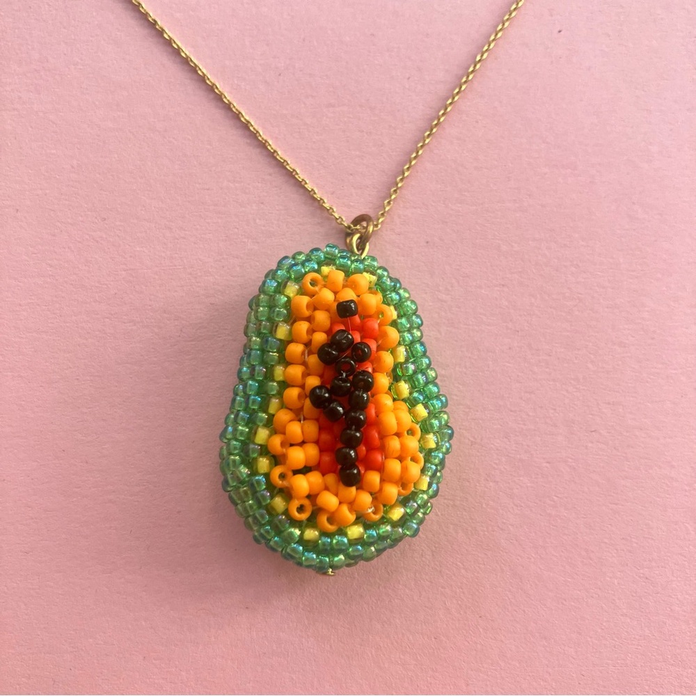 Dream Song Papaya Handmade Glass Bead Necklace, 17” Gold Chain
